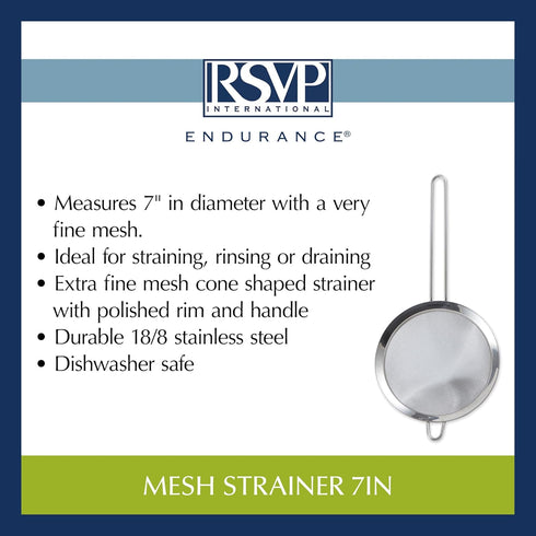 RSVP International Endurance Kitchen Collection, Stainless Steel Fine Mesh Conical Sieve/Colander, Multi-Purpose for Cooking, Baking, Loose Leaf T...