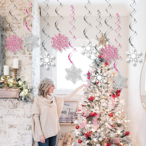 K KUMEED 20 Pcs Snowflake Swirls Decoration, Christmas Snowflake Hanging Swirls Frozen Party Ceiling Decorations for Winter Wonderland Birthday Pa...