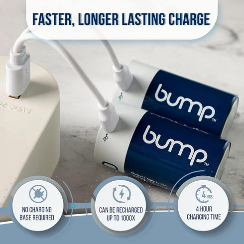 bump D 1.5V Rechargeable Batteries - 2 Pack - Lithium Ion, High Output, Fast & Long Lasting USB-C Charge, Use in Flashlights, Devices w/Extended R...