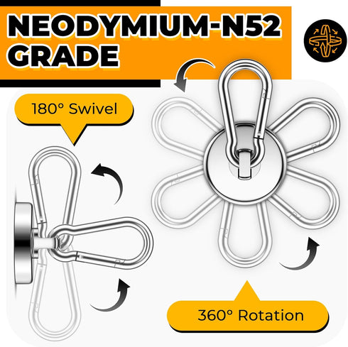 VNDUEEY Strong Magnetic Hooks, 100Lbs 10 Pack Neodymium Grade-52 Magnet Hooks Heavy Duty, Magnets with Swivel Carabiner Hook for Hanging, Cruise, ...