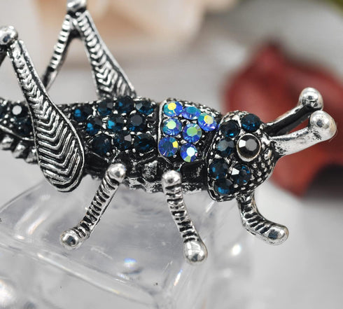 Gyn&Joy Blue Crystal Rhinestones Grasshopper Jump Cricket Insect Brooch Pin...