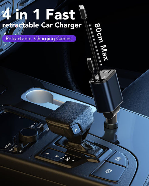 HATALKIN Retractable Car Charger 4 in 1, 69W Fast Car Phone Charger, 2 Retractable Cables and USB C Car Charger, Car Charger Adapter for iPhone 16...