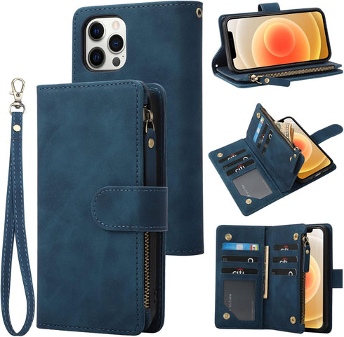 RANYOK Wallet Case Compatible iPhone 12 Pro Max (6.7 inch), Premium PU Leather Zipper Flip RFID Blocking Wallet with Wrist Strap Magnetic Closure ...