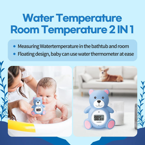 HubiBaby Baby Bath Thermometer & Digital Room Temperature, 2in1 Kids Bathroom Safety Products with Temperature Warning, Floating Teddy Bear (Blue)...