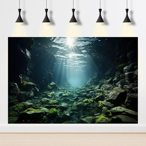 Aquarium Background Underwater Scene Dark Cave and Sunlight Rays Terrarium Background Undersea Rocks with Moss Aquarium Backdrop Fish Tank Decor V...