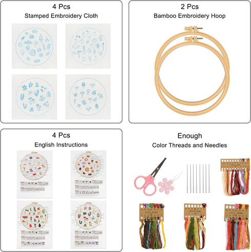 Lukinbox 4 Pack Embroidery Kit for Beginners, Hand Cross Stitch Kits for Adults, DIY Fabric Embroidery Starter Kits with Fruit Flower Patterns, 2 ...
