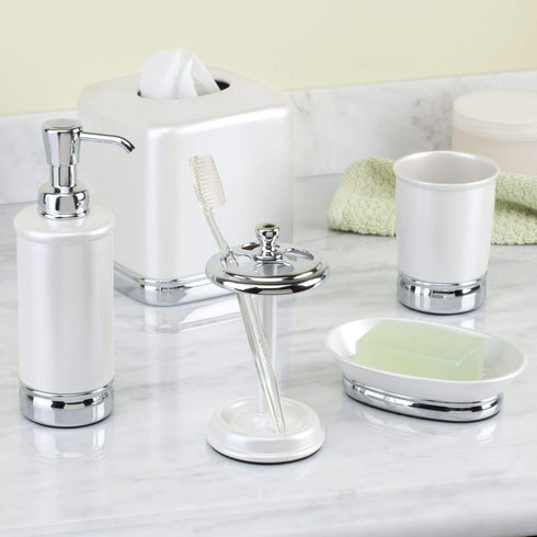 iDesign Metal Toothbrush Holder - Bathroom Cup for Bathroom Organization, The York Collection - 3.25" x 3.25" x 5.75", Chrome and Pearl White...