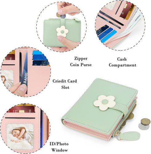Cute Wallets for Women, Bifold RFID Blocking Small Womens Wallet with Zipper Coin Pocket (Green,Flower)...