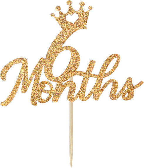 Gold Glittery 6 Months Cake Topper for Baby's Half Year Old Birthday Party, 1/2 Birthday, First Birthday, Baby Shower, Half Year Anniversary Party...