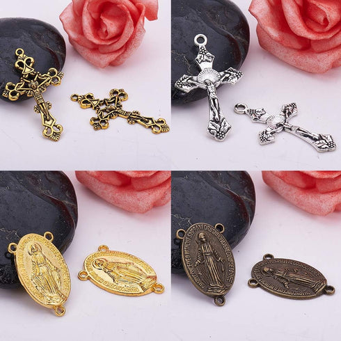 SUNNYCLUE Tibetan Style Rosary Cross Charms and Center Miraculous Medal Easter Vintage Cross Crucifix Pendants Oval Chandelier Links Bronze Connec...
