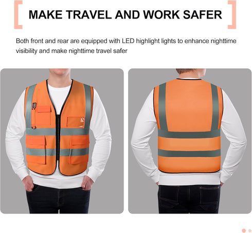 GOOFIT High Visibility Safety Vest for Men and Women Cycling Vest with Zip Reflective Vest Work Vest With 4 Front Pockets and Zip S Orange...