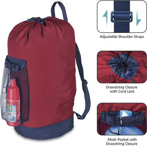 Dalykate Backpack Laundry Bag, Laundry Backpack with Shoulder Straps and Mesh Pocket Durable Nylon Clothes Hamper Bag with Drawstring Closure Red...