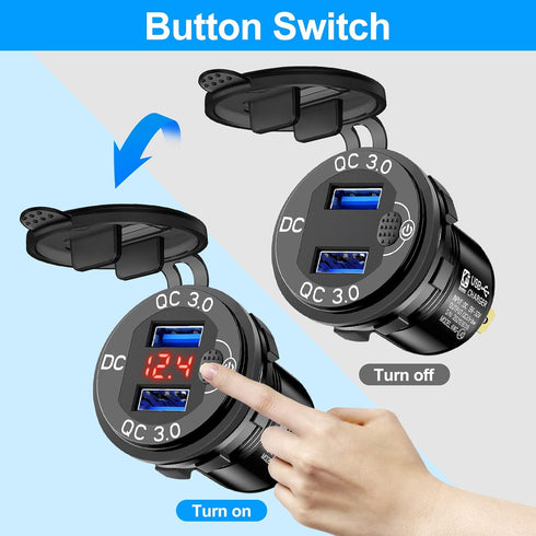 12V USB Outlet, 2pcs Quick Charge 3.0 Dual USB Car Charger, Cigarette Lighter Socket with Voltmeter, Waterproof Car Charger Adapter Fast Charge, C...