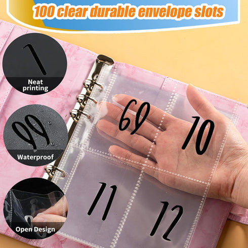 25 Sheets A5 Ring Binder Inserts for 100 Envelopes Money Saving Challenge Binder, with 3 Sheets Savings Challenge Tracker, Pre-Labeled 1-100 Money...