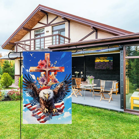 4th of July Patriotic Garden Flag Cross and Eagle Double Sided American Flag Memorial Independence Day Outside Small Yard Decoration (12 x 18 Inch...