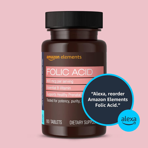 Amazon Elements Folic Acid 800 mcg per serving, Tablet, 180 Count, Pack of 1, Women's Dietary Supplement for Healthy Prenatal Development, 6 Month...
