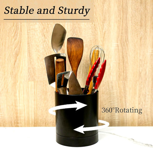 Large Kitchen Utensil Holder, 360° Rotating Plastic Utensil Caddy, Kitchen Countertop Utensil Kitchen Tools and Gadgets Organizer-Black 5.7" D x 6...