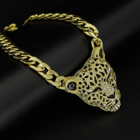 Chunky Cuban Chain Leopard Pendant Choker for Women Men,Animal Cheetah Iced Out Charm Necklace with 14K Gold Plated Link,Faux Diamond Bling Bold S...