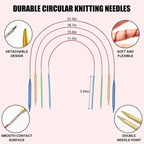LOOEN 57pcs Aluminum Circular Knitting Needles Set with Ergonomic Handles,13 Size Interchangeable Crochet Needles with Storage Case for Small Proj...