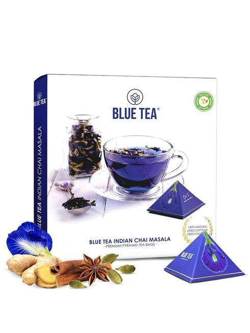 BLUE TEA - Indian Chai Masala - 12 Count - Pyramid Plant Based Tea Bag | Butterfly Pea Flower | Flower & Indian Spices Based | Caffeine Free - Det...