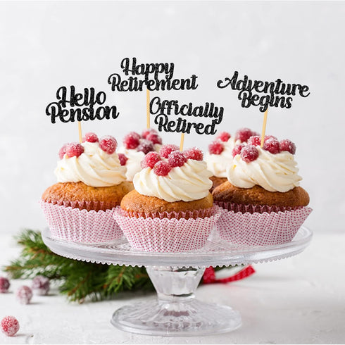 48 Pieces Happy Retirement Cupcake Toppers, Officially Retired Hello Pension Adventure Begins Cupake Picks for Farewell Party Supplies Decor(Black...