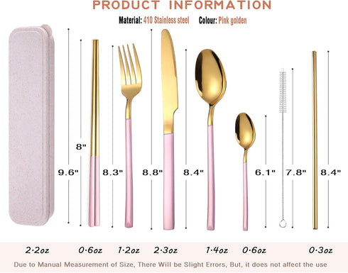 AARAINBOW 7 Pieces Stainless Steel Flatware Set Portable Reusable Cutlery Set Travel Utensils Set Including Chopsticks Knife Fork Spoon Straws Cle...