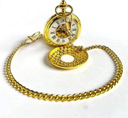 VIGOROSO Vintage Hand Wind Up Pocket Watches for Men, Mechanical Pocket Watch with Chain, Mens Skeleton Pocketwatch...