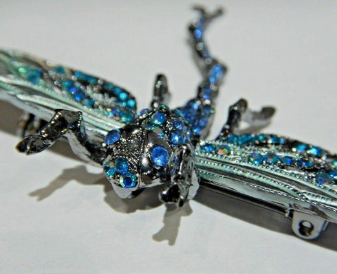 Large Rhinestone Dragonfly Convertible Brooch or Pendant Blue Enamel Insect pin...