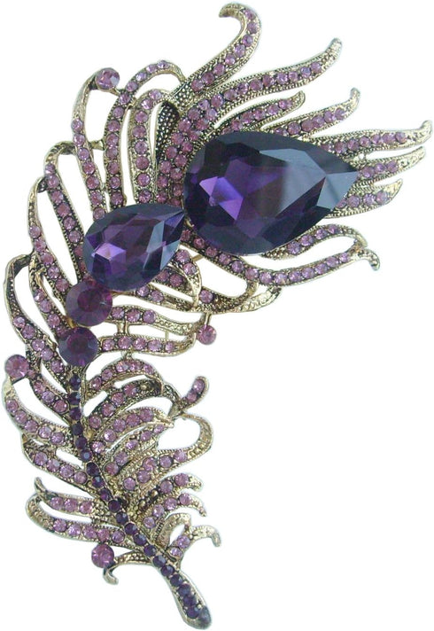Zeepoffine 4.33" Rhinestone Crystal Peacock Feather Brooch Pin Pendant BZ5038 (Gold-Tone Purple)...