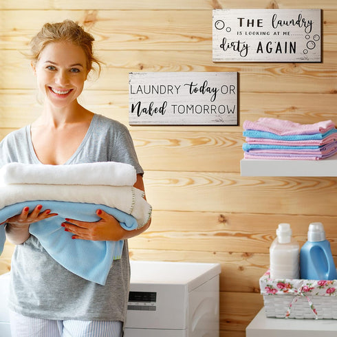 2 Pieces Laundry Room Decor Sign Rustic Farmhouse Bathroom Wall Decor Funny Laundry Signs, 12 x 6 Inch(White)...
