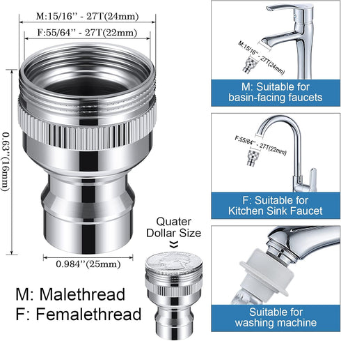 Dreyoo 2 Pcs Dishwasher Faucet Adapter, Dishwasher Snap Adapter Connection 15/16-27Male or 55/64-27Famale Chrome (No Filter)...