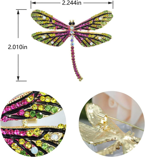 Gyn&Joy Golden Tone Colorful Crystal Rhinestone Dragonfly Flying Insect Brooch Pin For Women BZ198...