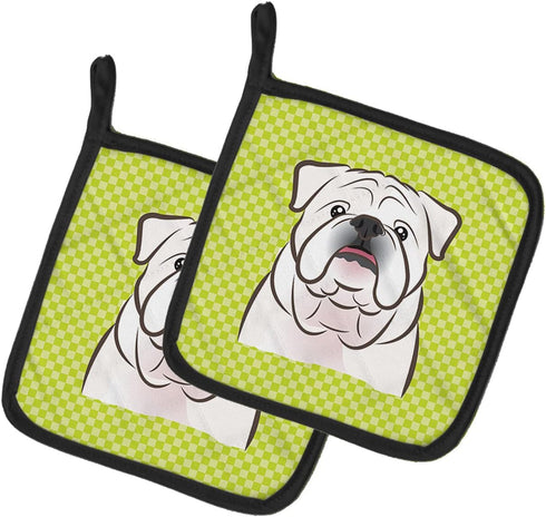 Caroline's Treasures BB1282PTHD Checkerboard Lime Green White English Bulldog Pair of Pot Holders Kitchen Heat Resistant Pot Holders Sets Oven Hot...