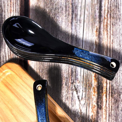 Japanese Ceramic Soup Spoon set of 5 Table spoons for Meals Soups and Ice creams Microwave and Dishwasher Safe Blue and Black...