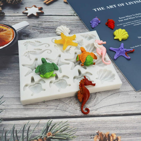 Sakolla Marine Theme Fondant Silicone Molds, Seashell, Conch, Seahorse, Starfish, Tortoise Silicone Mold for Cake Decoration, Chocolate Candy Suga...