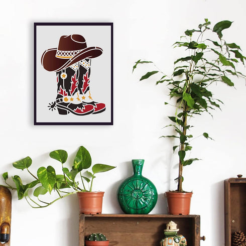 FINGERINSPIRE Cowboy Boots and Hat Stencil 11.8x11.8inch Reusable Cowboy Stencils Western Cowboy Stencils for Painting on Wood, Tile, Paper, Fabri...