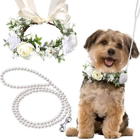 2 Pcs Dog Flower Collar Wedding and Leash Set Pearls for Dogs 120 cm 4 ft Pearls Beaded Dog Leash Dog Collar Bows for Wedding Adjustable for Mediu...