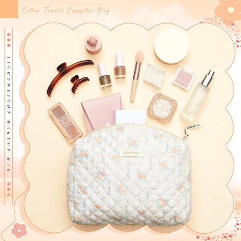 3 Pcs Quilted Makeup Bag Large Cosmetic Bag Floral Makeup Bag Travel Aesthetic Cute Kawaii Toiletry Cosmetic Pouch with Zipper for Women Gifts Hom...