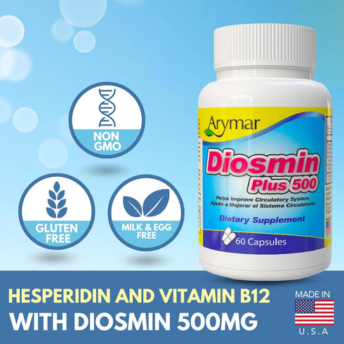 Arymar Diosmin Plus 500 – Circulatory Support Supplement with Hesperidin & B-Complex – 60 Capsules...