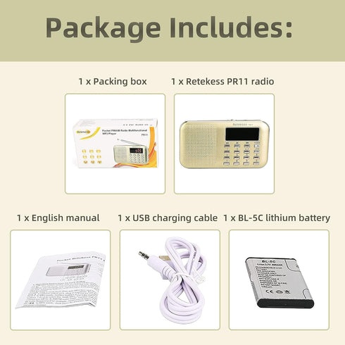 Retekess PR11 AM FM Radio Portable, Rechargeable Transistor Radios Small, with Headphone Jack MP3 Music Player Speaker Support Micro SD Card for O...