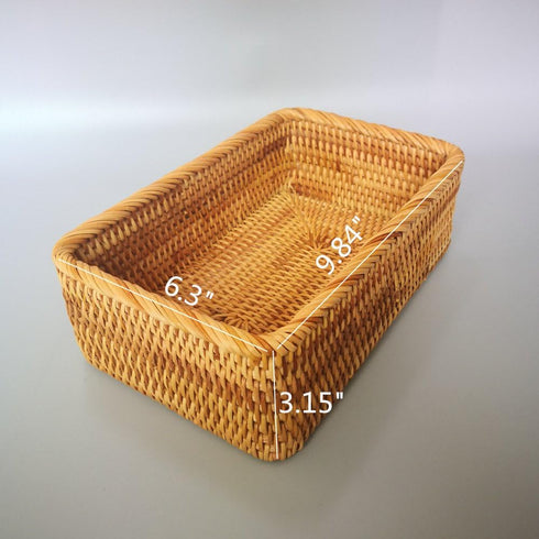 Handmade Rectangle Wicker Fruit Box Rattan Tray Magazine Organizer and Small Objects Container Serving Basket (Medium)...
