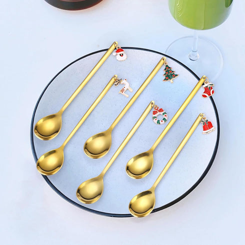 Coffee Spoons Gold Silverware Christmas 6 Pieces Small Stainless Steel Flatware Xmas Decorative Pendants Cute Drinking Stirrers for Festive and Da...