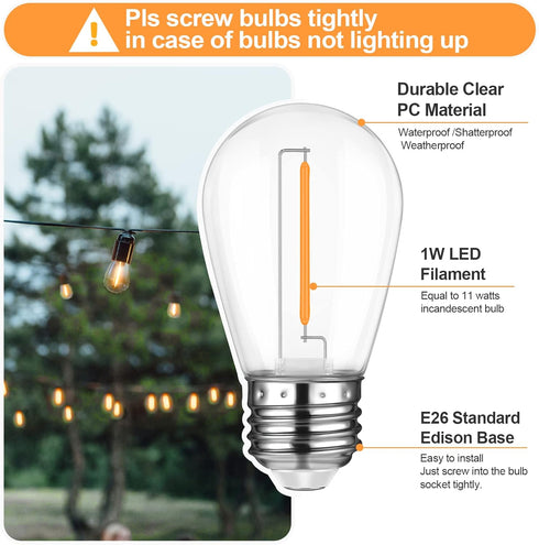 Mlambert LED String Light Bulbs, Shatterproof Outdoor S14 Replacement Light Bulb 2200K, Waterproof 1W LED Edison Bulbs Equal to 11W,Not Solar,15Pa...