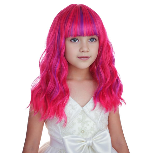 Kids Hot Pink Mixed Purple Wig Child Short Pink Purple Wig with Air Bangs Purple Pink Wavy Curly Wig for Girls Heat Resistant Synthetic Wig with W...