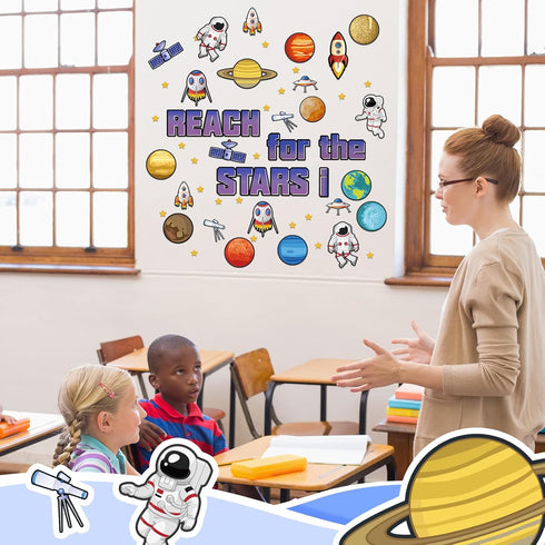 68 Pcs Outer Space Classroom Bulletin Border Decoration Star Cutouts Planet Astronaut Spacecraft Instrument Cutout Reach for The Stars Cutouts for...