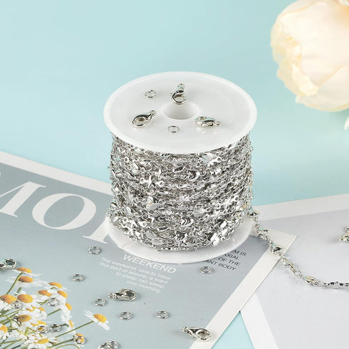 YOUBEIYEE Silver Jewelry Making Chains Bulk with Jump Rings and Lobster Clasps, Solid Heart Star Rolo Link Chain Bracelets Anklets DIY Jewelry Sup...