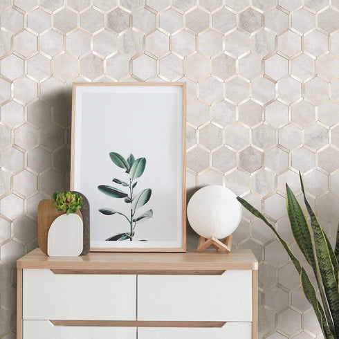 STICKGOO Hexagon Peel and Stick Backsplash Tile, Stick on Backsplash for Kitchen and Bathroom, Beige Marble Look PVC Mixed Metal Gold Self Adhesiv...