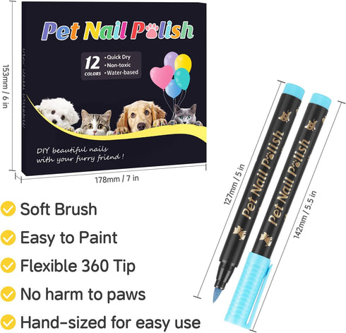 Dog Nail Polish Pens Quick Dry,12 Colors Safe Dog Nail Polish Set to DIY Pretty Nails, Ideal Gifts for Dogs Cats Light Dark Nails, Odorless, Non-T...
