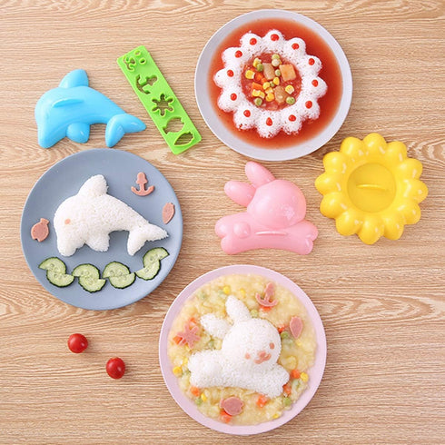 4 Set Rice Mold Cartoon Dolphin Rabbit Sun Sushi Bento Maker Mould Seaweed Nori Cutter Bento Accessories DIY Kitchen Tools for Baby Kids Meal...