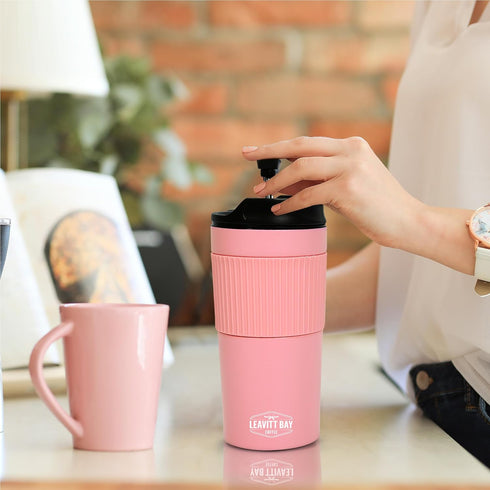Portable French Press Travel Mug (15oz) - Stainless Steel & Double Wall Vacuum Pink Coffee Maker – Single Serve French Press for Travel, Home, Off...